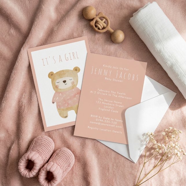 Convites Urso de pelúcia sonolento em aquarela rosa "É uma  (Pink Watercolor sleepy teddy Bear It's a Girl” Baby Invitation.)