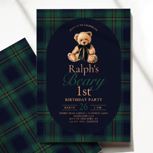 Convites Urso de pelúcia Tartan 1º Aniversário
