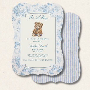 Convites Urso de pelúcia Toile French em azul empoeirado vi