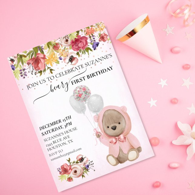 Convites Urso de Pelúcia Um Primeiro Aniversário Rosa Menin (Criador carregado)