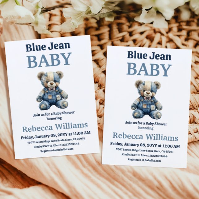 Convites Urso de Remendo de Jeans Menino Azul Chuveiro de B (Criador carregado)