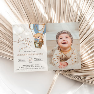 Convites Urso de Teddy, Balão de Ar Quente Azul, Primeiro A