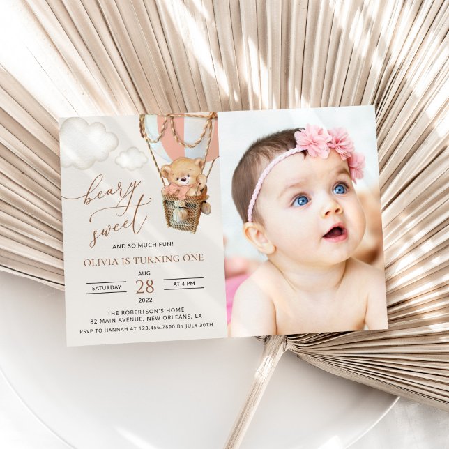 Convites Urso de Teddy, Balão de Ar Quente Rosa, Primeiro A (Criador carregado)