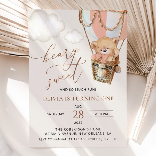 Convites Urso de Teddy, Balão de Ar Quente Rosa, Primeiro A (Criador carregado)