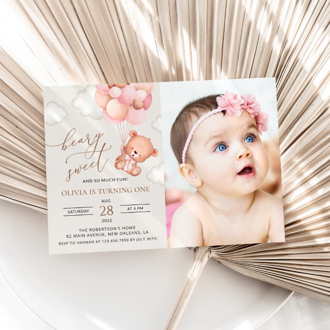 Convites Urso de Teddy, Balões Roxos, Primeiro Aniversário (Criador carregado)