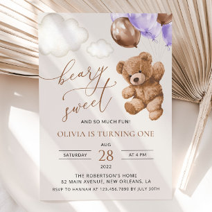 Convites Urso de Teddy, Balões Roxos, Primeiro Aniversário