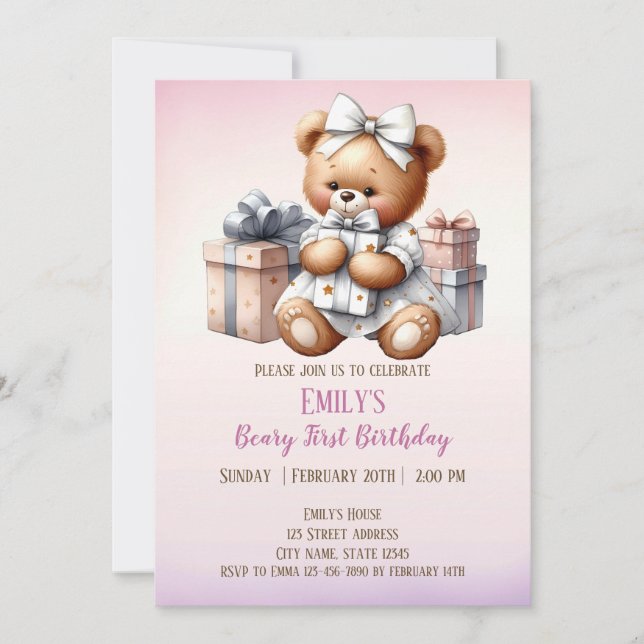 Convites Urso de Teddy Bonito com Balões e Presentes (Frente)