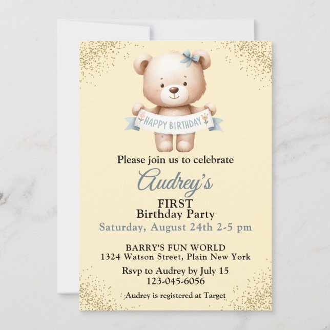 Convites Urso de Teddy Bonito com Banner de Aniversário Fel (Frente)