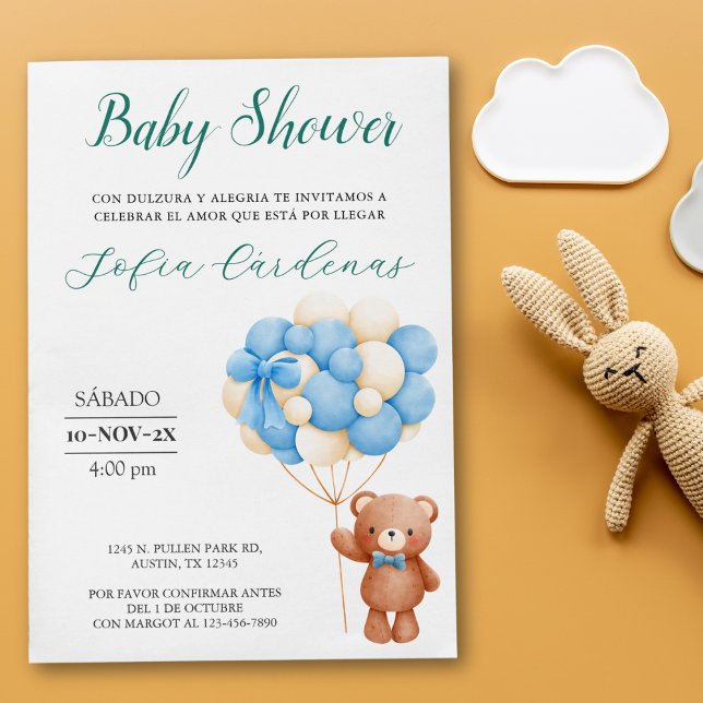 Convites Urso De Teddy Com Balões Branco Chá de fraldas Esp (Teddy Bear With Balloons Spanish Baby Shower White Invitation)