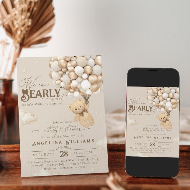 Convites Urso de Teddy com Balões Chá de fraldas Neutro (Criador carregado)