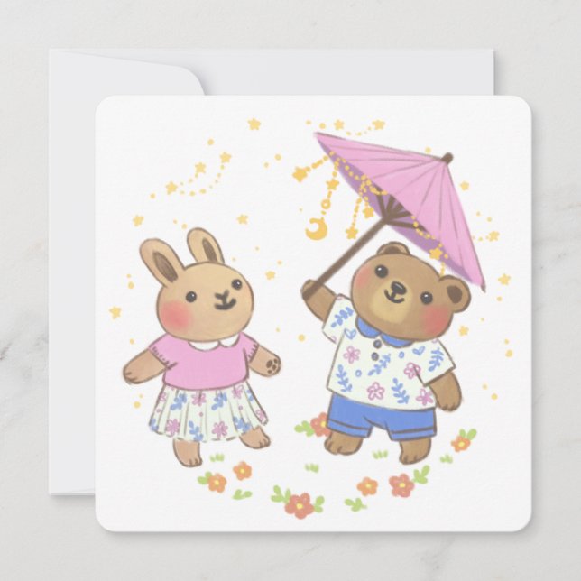Convites Urso de Teddy e Coelhinho sob a Ilustração das Est (Frente)