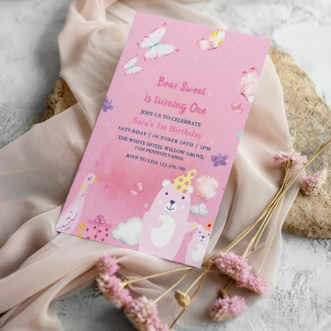 Convites Urso de Teddy e Garota primeiro aniversario Rosa (Criador carregado)