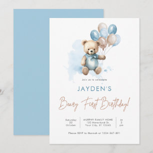 Convites Urso de Urso de Corte Bonito Primeiro Balão Azul d