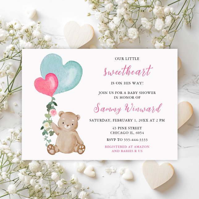 Convites Urso de Valentine Rosa e Azul Baby Shower (Criador carregado)