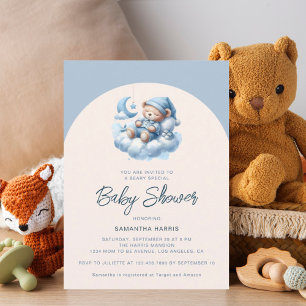 Convites Urso dormindo em nuvem azul menino baby shower