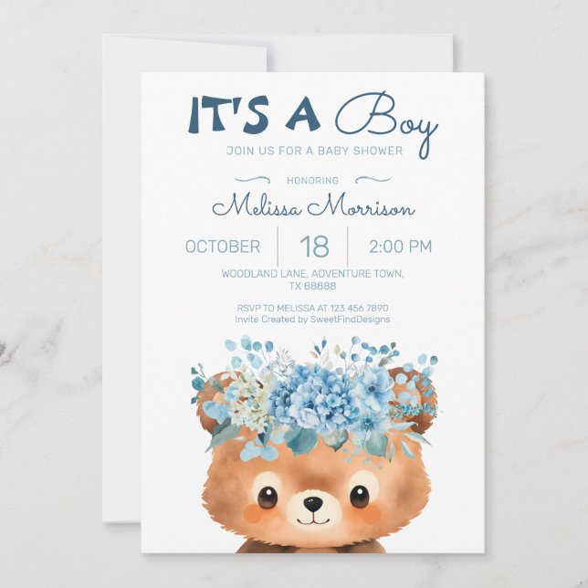 Convites Urso é um menino Festa Azul para Bebê (Frente)