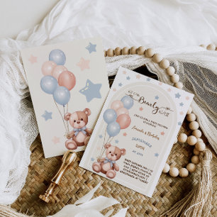 Convites Urso em Aquarela com Balões Chá de Bebê Rústico
