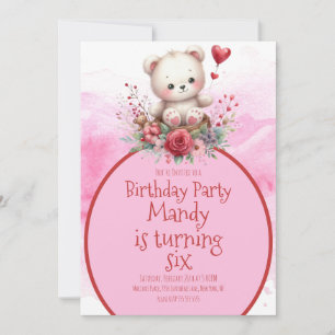 Convites Urso Floral Aquarela Vermelho Aniversário