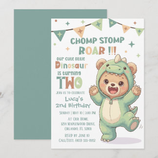 Convites Urso Fofo Disfarçado de Dinossauro | Festa de 2º A