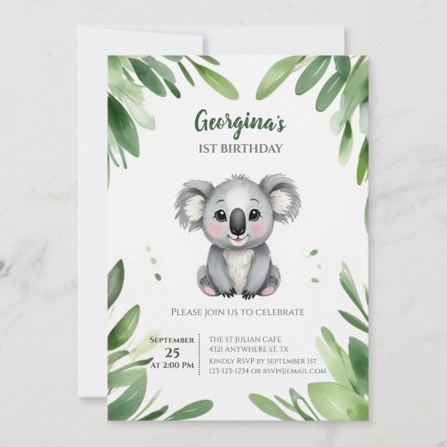 Convites Urso Koala Bonito com Folhas Verdes Primeiro Anive (Frente)