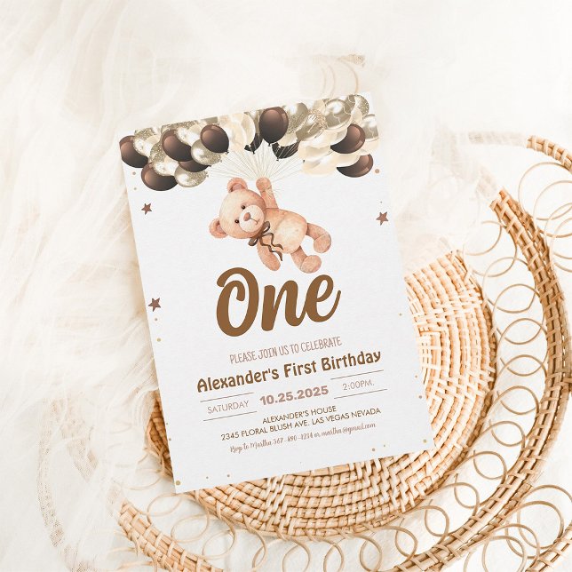 Convites Urso-Menino com Balões - Aniversário do Urso-de-Te (Criador carregado)