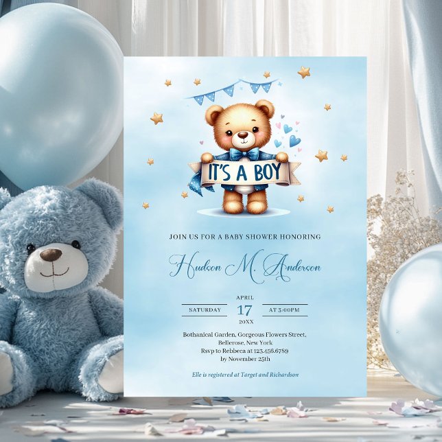 Convites Urso moderno azul e castanho é um menino (cute teddy bear holding ribbon it's a boy baby shower invitation)