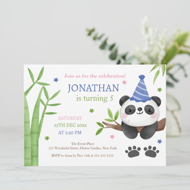 Convites Urso Panda Bambu Verde Aniversário Infantil  (Em pé/Frente)