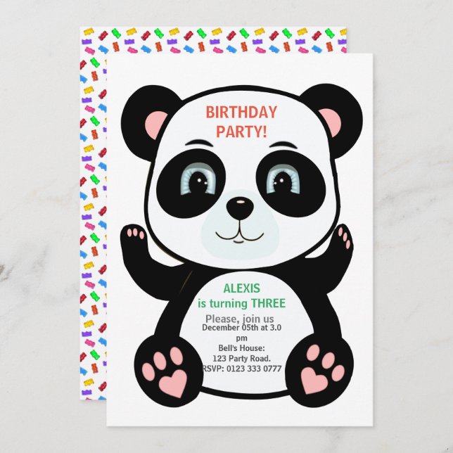 Convites Urso Panda Bonito e Confetti Multicolorido (Frente/Verso)