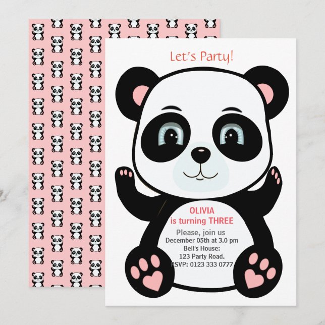 Convites Urso Panda Bonito no Aniversário Rosa e Branco (Frente/Verso)