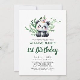 Convites Urso Panda Fofo Aquarela Verde 1º Aniversário