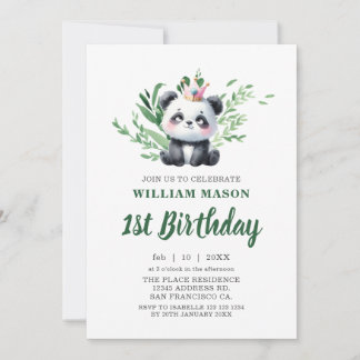 Convites Urso Panda Fofo Aquarela Verde 1º Aniversário