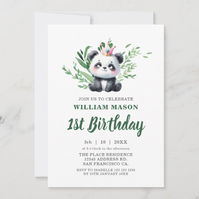 Convites Urso Panda Fofo Aquarela Verde 1º Aniversário (Frente)