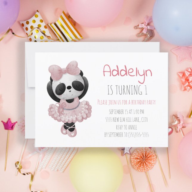 Convites Urso Panda Fofo Bailarina Rosa 1º Aniversário (Criador carregado)