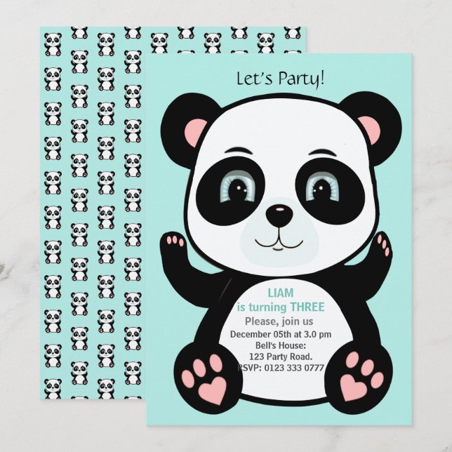 Convites Urso Panda Fofo em Azul Teal Claro Aniversário (Frente/Verso)