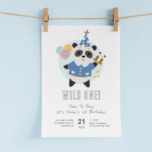 Convites Urso Panda Selvagem Azul 1º Aniversário