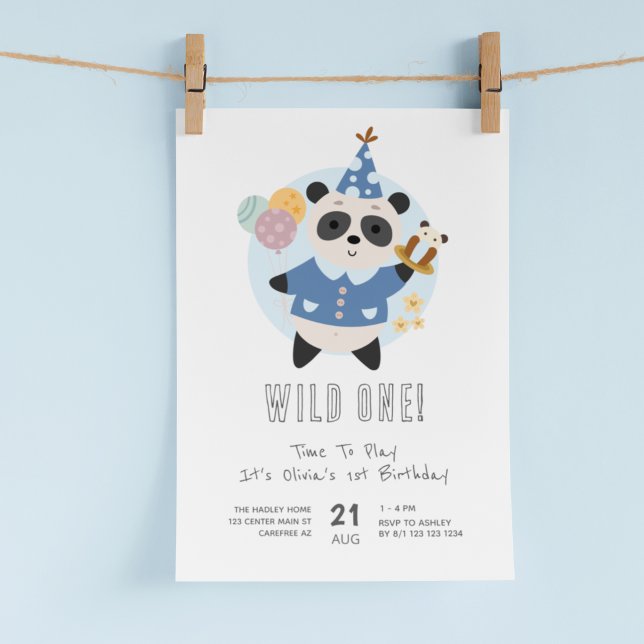 Convites Urso Panda Selvagem Azul 1º Aniversário (Criador carregado)