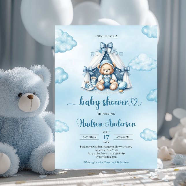 Convites Urso peludo bonitinho com tenda azul-marfim (cute teddy bear in a tent boy baby shower invitation)
