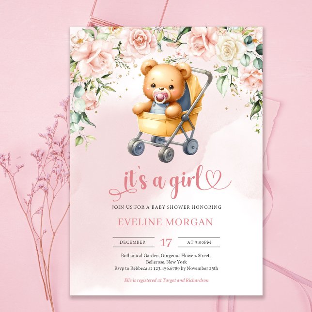 Convites Urso peludo bonito no carrinho de bebê, bebê flora (Cute teddy bear girl in baby stroller and pink roses flowers invitation)