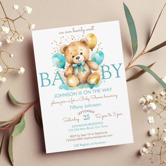 Convites Urso-peludo, espera-se chá de fraldas azul-aqua (Cute teddy bear with balloons bearly wait baby shower template invitation instant download teal gold)