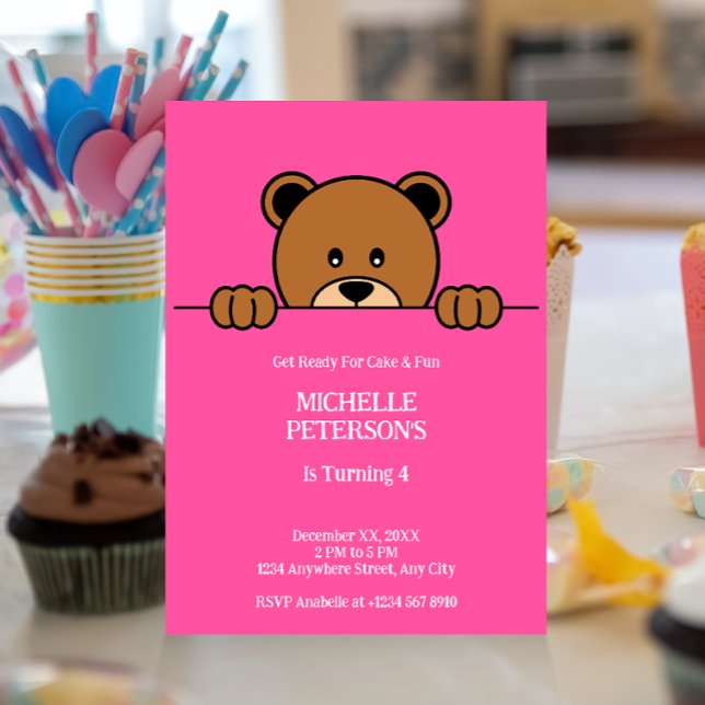 Convites Urso Pêssego Cugado | Cartoon simples a rosa (Criador carregado)