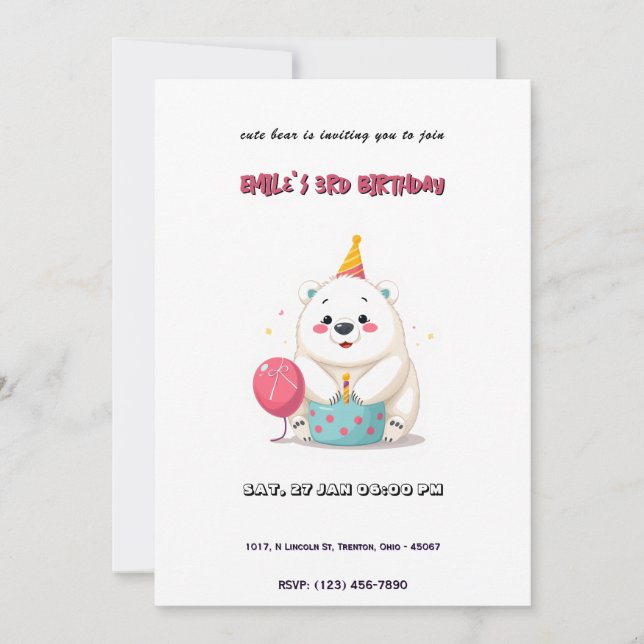 Convites Urso Polar Bonito de Aniversário com Chapéu do Par (Frente)