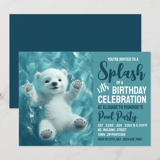Convites Urso Polar Espelhado, Aniversário da Festa Piscina (Frente/Verso)