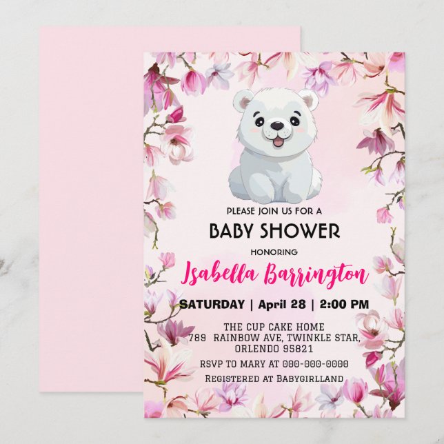 Convites Urso Polar Rosa Cor-de-Rosa, flores silvestres, cr (Frente/Verso)