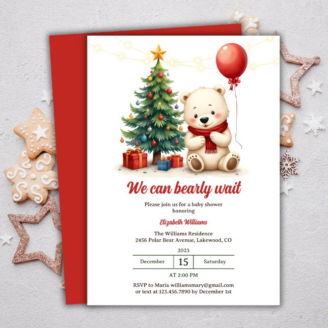 Convites Urso Polar Vermelho E Branca De Natal (Cute Polar Bear Red And White Festive Christmas Brunch Invitation)