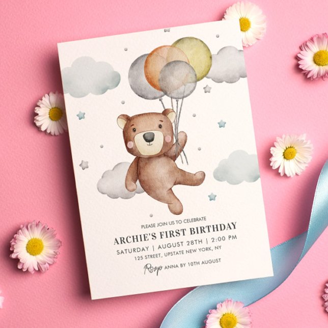 Convites Urso - Primeiro Aniversário - Cuta Balão de Convit (Baby Bear Teddy 1st Birthday Invitation Simple Cute and Modern Template )