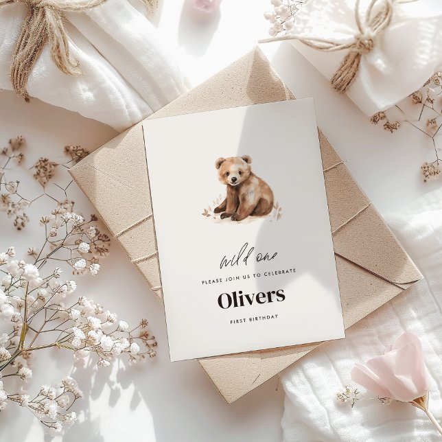 Convites Urso primeiro aniversario moderno de uma só aquare (Criador carregado)