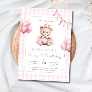 Convites Urso Princesa Rosa Beary 1º Aniversário