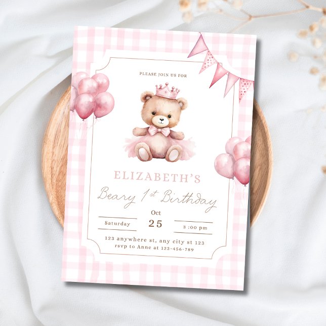 Convites Urso Princesa Rosa Beary 1º Aniversário (Criador carregado)