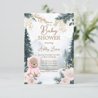 Convites Urso Rosa de Inverno floresta de neve rosa da flor