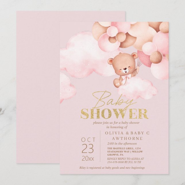 Convites Urso Rosa e Dourado Chá de Menina (Frente/Verso)